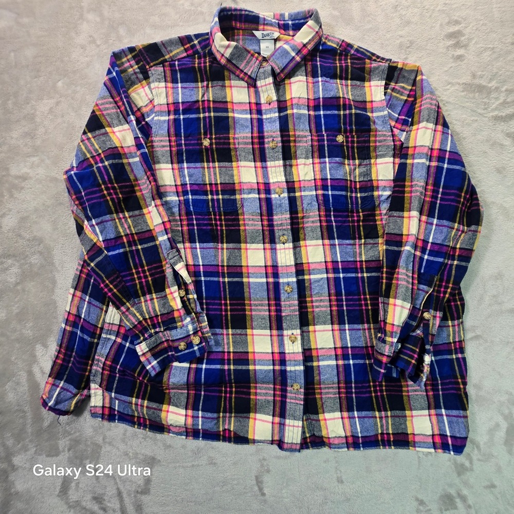 Duluth Trading Co Free Swingin Flannel Shirt Womens 2X Blue Pink Plaid Top